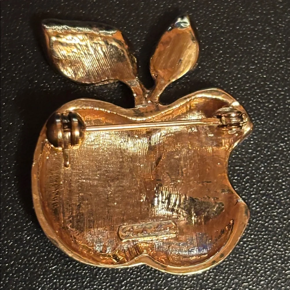 Vintage gold tone apple brooch w/ bite taken out silver tone bumpy texture